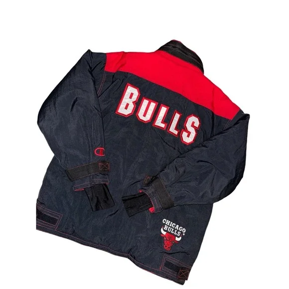 Champion Chicago Bulls VTG Court‎ Jacket Sz Large Basketball Zip Black Red Y2K